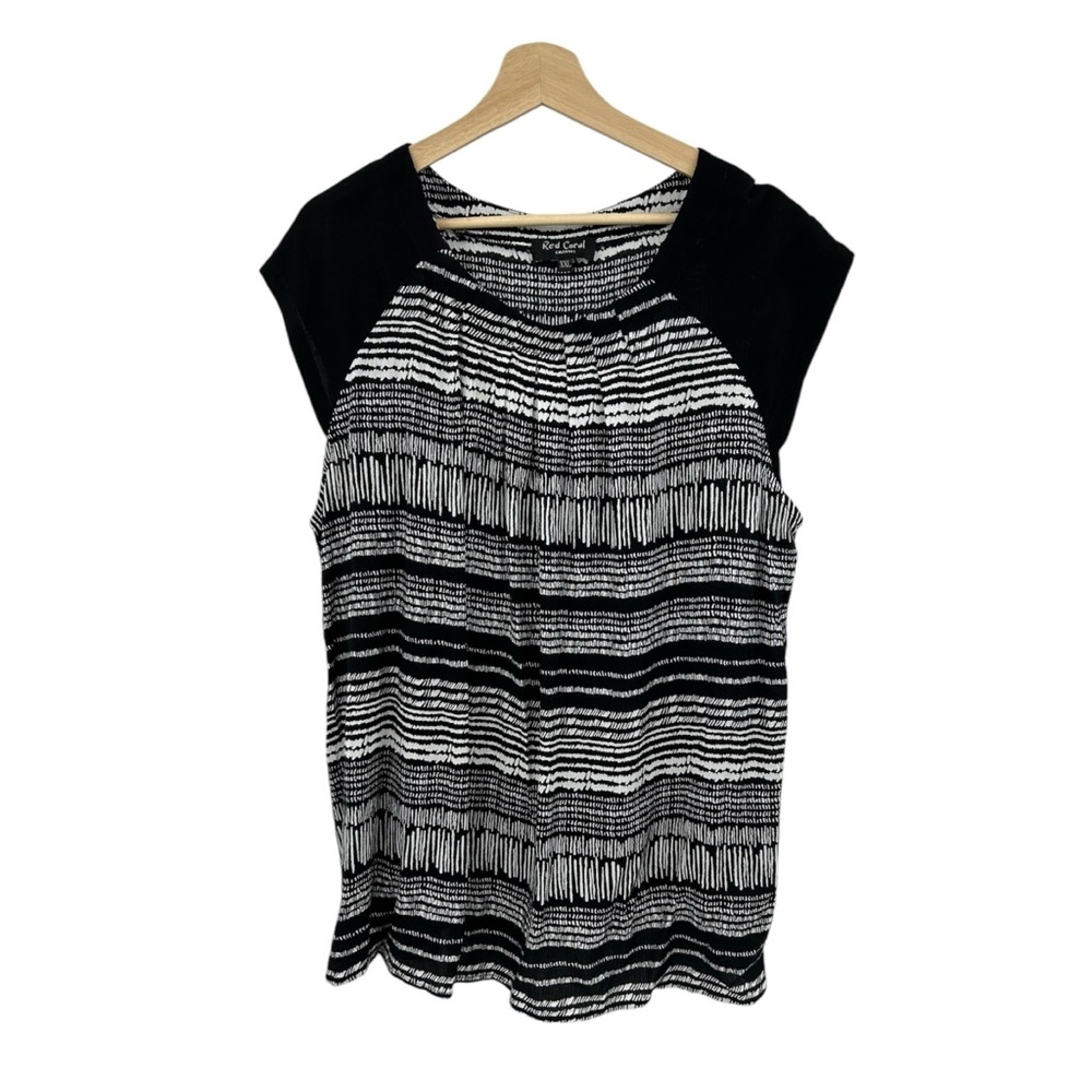 Red Coral Black White Striped Abstract Print Blouse